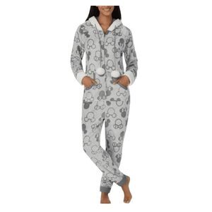 Disney Women's Mickey Minnie One-Piece Lightweight Fleece Hooded Pajama, Gray EU